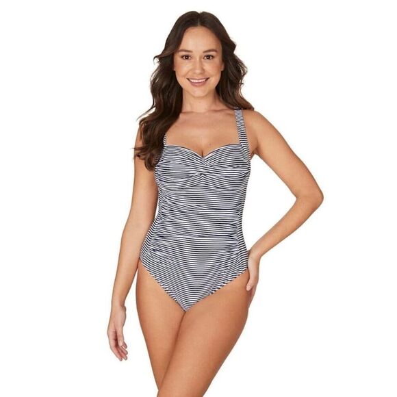 Niptuck Women's 10 Twist Front One Piece Swimsuit Blue Sorrento Stripe Nautical - Picture 1 of 14